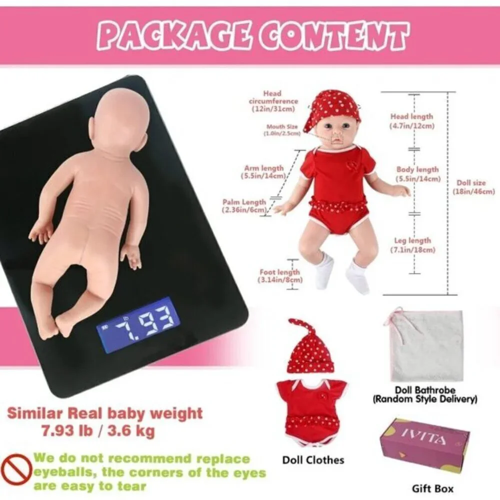 Full Body Silicone Baby Dolls Girl 18 inch Red White Soft Newborn Baby Dolls